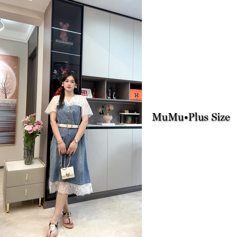 高级感蕾丝拼接牛仔连衣裙女2025夏季新款超好看百搭显瘦中长裙