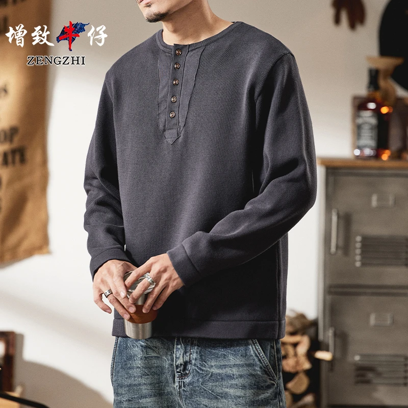 增致牛仔亨利领毛衣男冬季保暖针织衫男士冬天休闲毛线衣Z2319