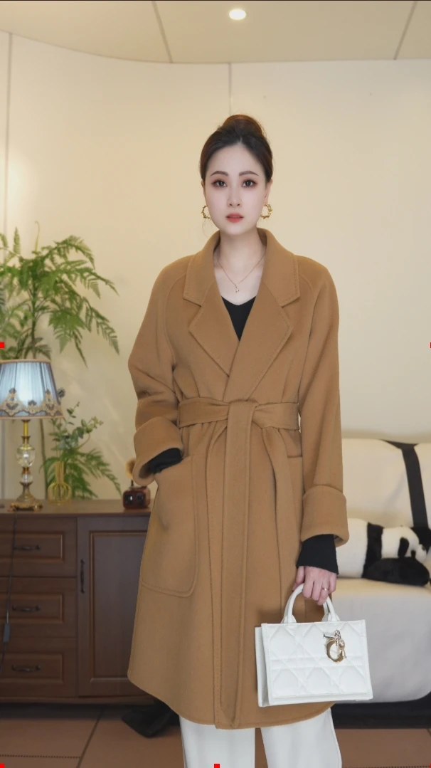 CY 本出 中长款10%山羊绒+90%羊毛双面羊绒大衣经典浴袍女士大衣