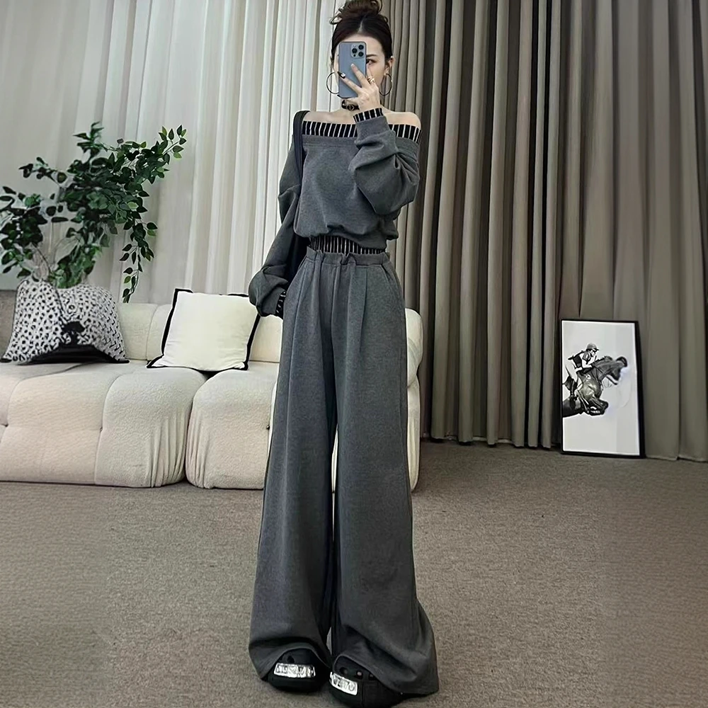 辣妹风入秋穿搭一整套潮流酷辣一字肩卫衣阔腿裤休闲运动两件套女