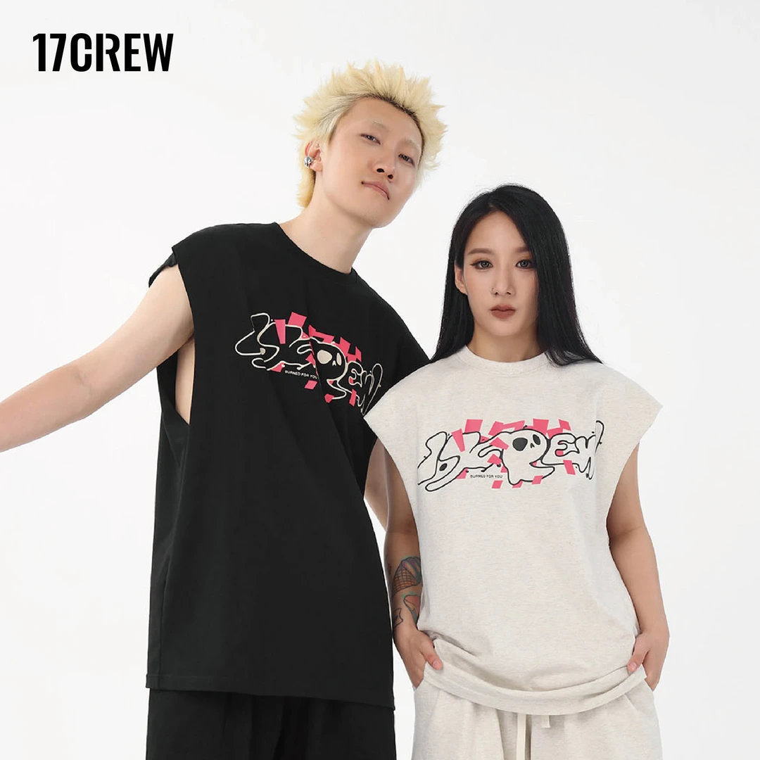 1701燃鱼无袖衫运动宽松印花情侣圆领夏季休闲纯棉潮流国潮街头