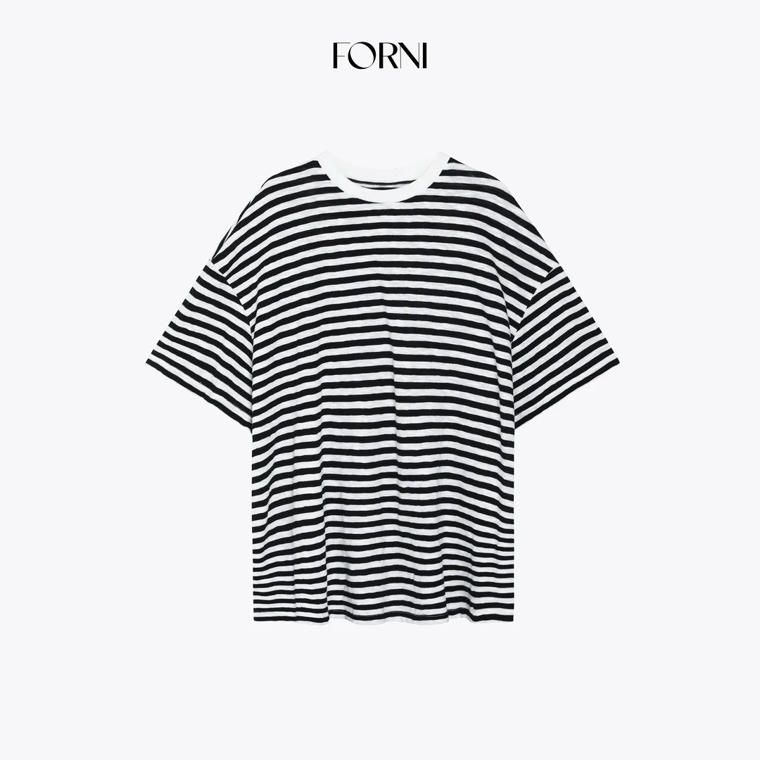 FORNI 条纹派 人手刚需100全棉撞色黑白条纹OS风落肩T恤