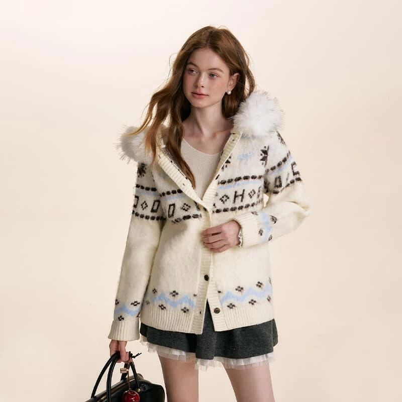 《旺旺雪宝专属》Kroche 可拆卸毛领 连帽宽松毛衣开衫/高腰A字半裙