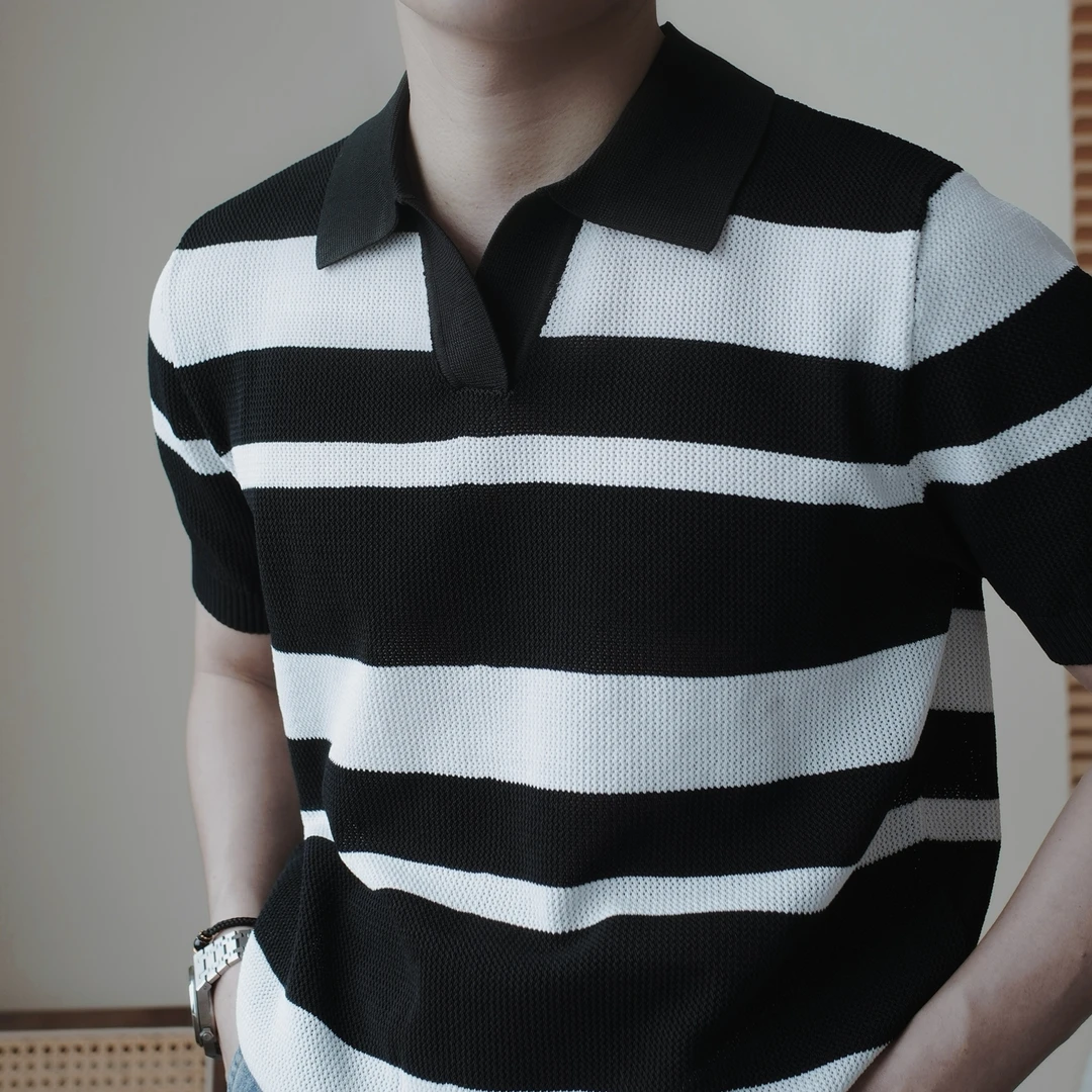 梦泡官方夏季海鸥领条纹镂空短袖针织polo衫男修身V领黑白美式T恤