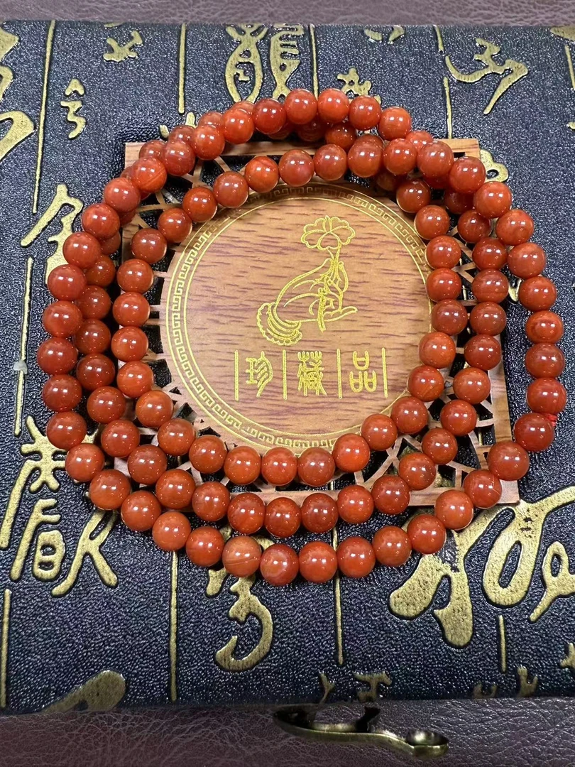 四川凉山纯天然深色柿子红满肉回纹玛瑙佛珠6MM【假一罚三】