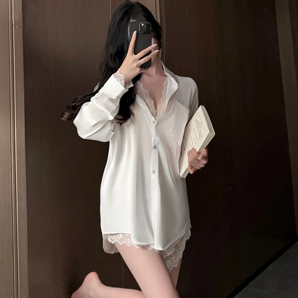 男友风性感蕾丝边睡裙白色夏季短裙长袖家居服春夏薄款宽松纯欲