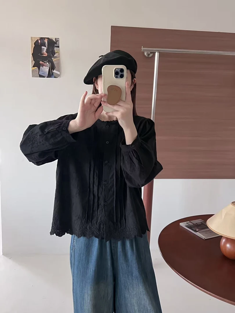 秋季新款拼接镂空花边单排扣立领长袖衬衫女士上衣6660