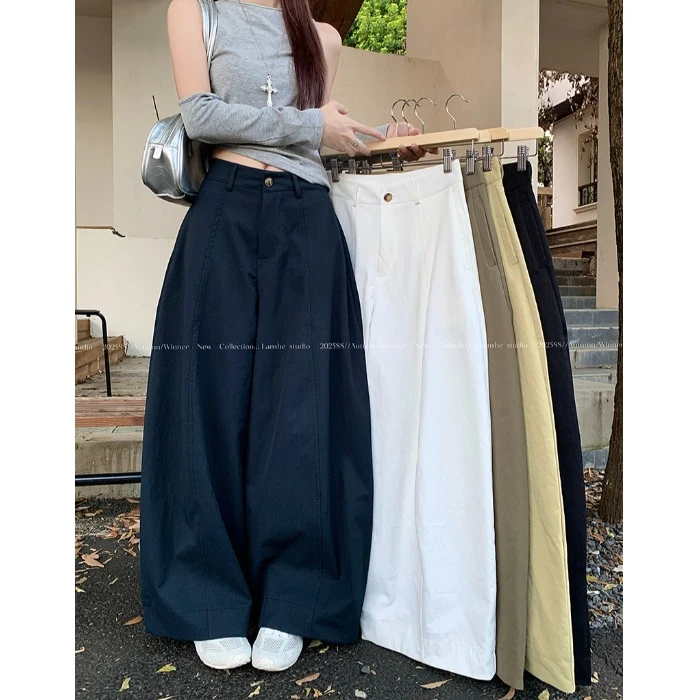 白色休闲裤女秋季小个子慵懒百搭阔腿裤显瘦高腰直筒裤子拖地长裤