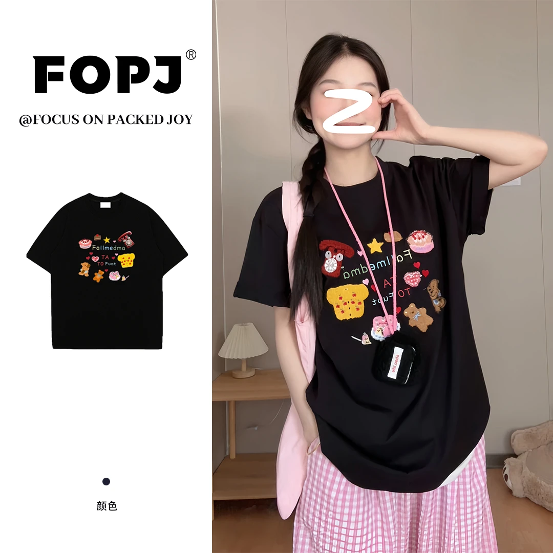FOPJ设计感趣味卡通印花美式复古短袖t恤女学院风百搭显瘦ins上衣