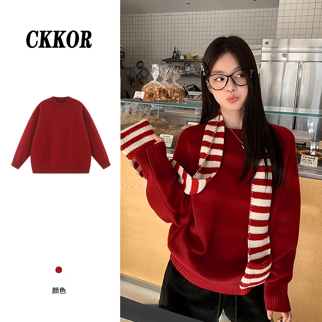 CKKOR韩版宽松慵懒高级感红色毛衣女冬季新款加绒加厚针织衫上衣