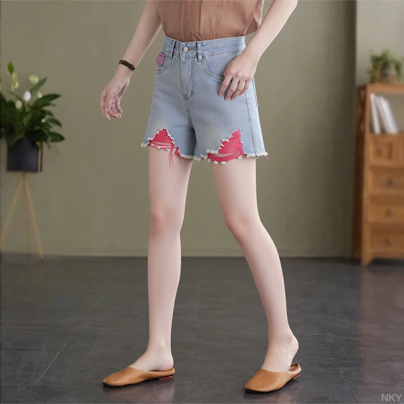 彩色破洞牛仔短裤女2025夏季新款高腰显瘦中年妈妈毛边阔腿裤热裤