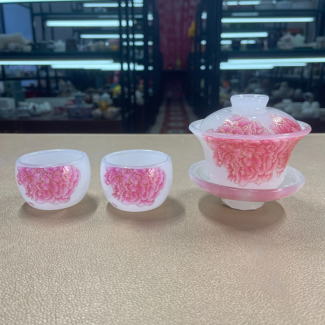 德化云仓 琉璃粉牡丹三才盖碗+两杯-2251