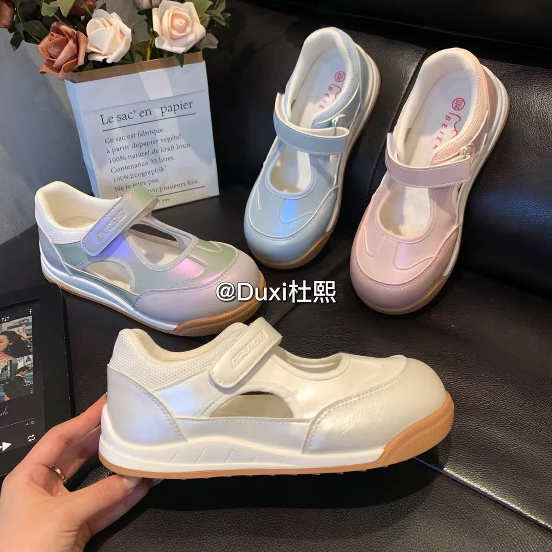 Duxi杜熙2025夏季新款镭射皮面时尚镂空透气平底舒适魔术贴凉鞋