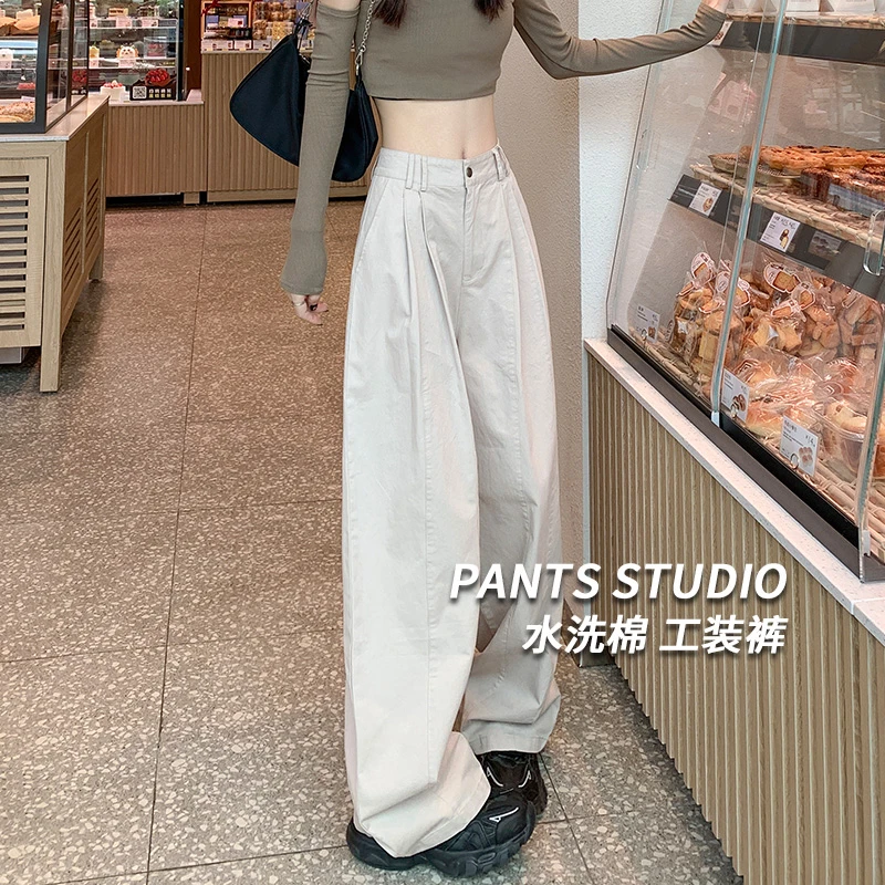 白色工装裤女款2025新款春秋酷飒风美式直筒宽松休闲高腰阔腿裤子