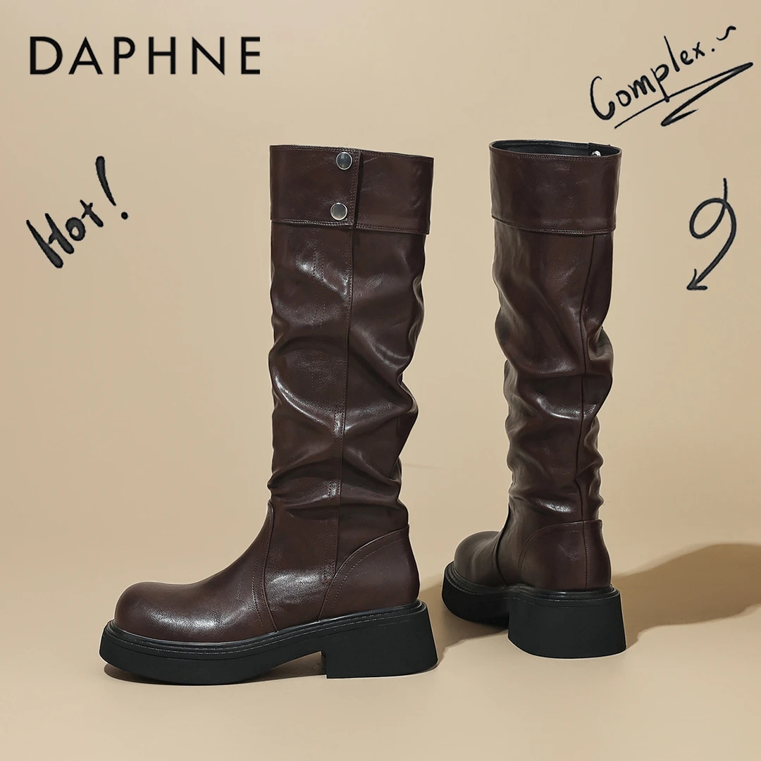 达芙妮厚底长筒靴女2025新款秋季爆款高筒不过膝堆堆西部骑士靴女