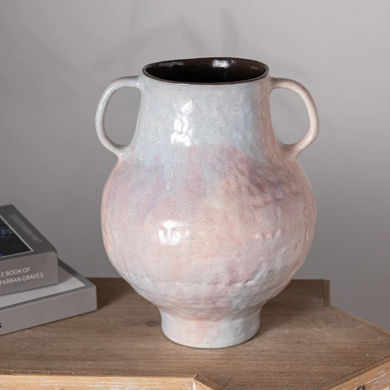 景德镇陶瓷花瓶梦幻粉双耳摆件花器客厅地面智能插花装饰复古花瓶