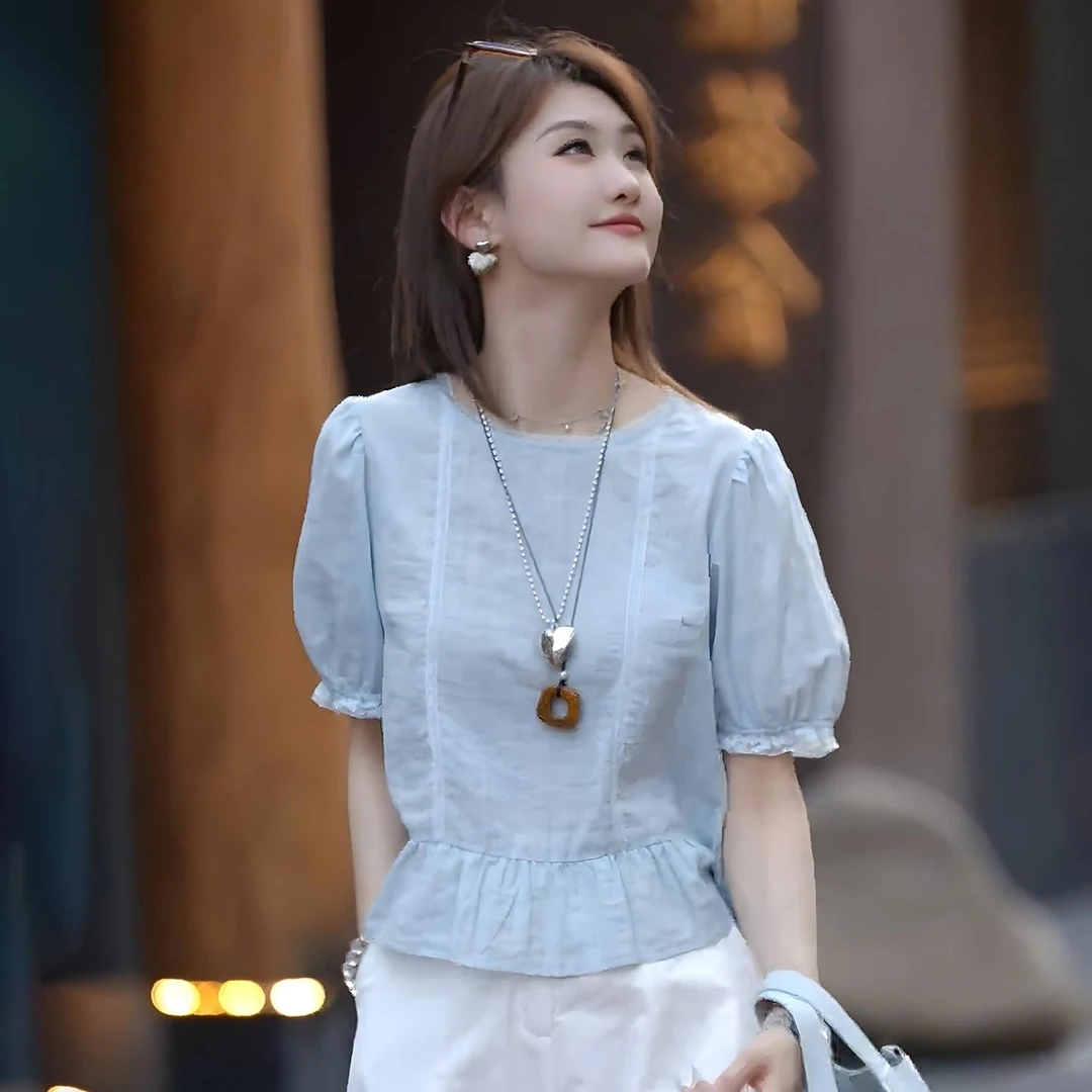 高级感圆领蕾丝花边短袖衬衫女夏季时尚气质小衫显瘦上衣潮