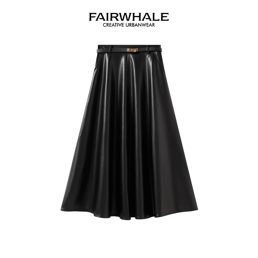 马克华菲女装复古pu皮裙大摆裙高腰显瘦气质A字中长裙半身裙秋冬