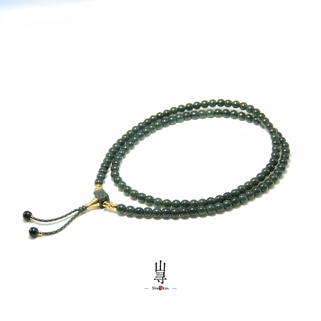 天然新疆和田玉原矿老油料皮勒青玉留皮精工108颗卡6mm长链长款
