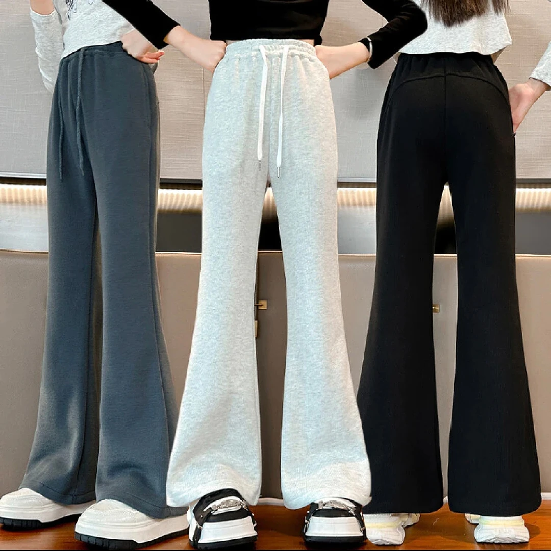 女大童春秋款裤子洋气时髦2025新款儿童春秋喇叭裤女弹力针织长裤