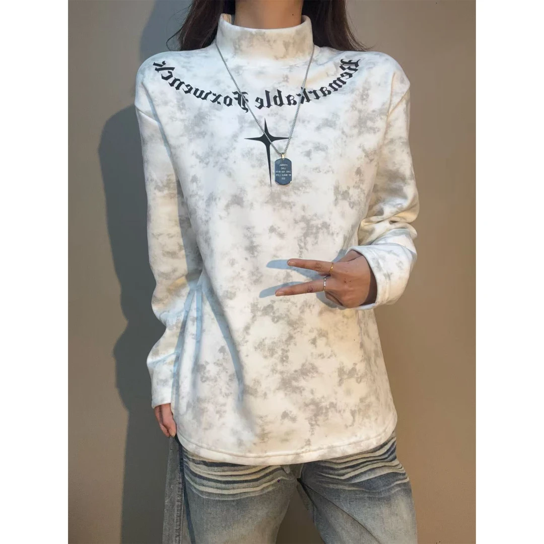 半高领美式扎染印花德绒打底衫男款秋冬加厚长袖T恤内搭休闲卫衣