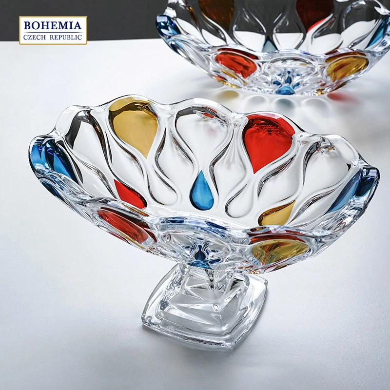 捷克进口BOHEMIA水晶玻璃大容量手工描彩果盘高端欧式轻奢摆件