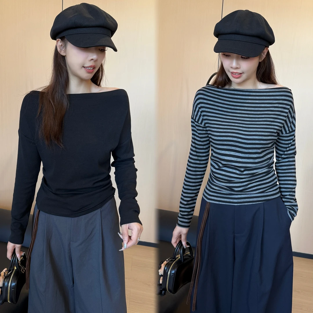 二姐的宝藏早秋设计感斜肩显瘦不规则长袖上衣#25289