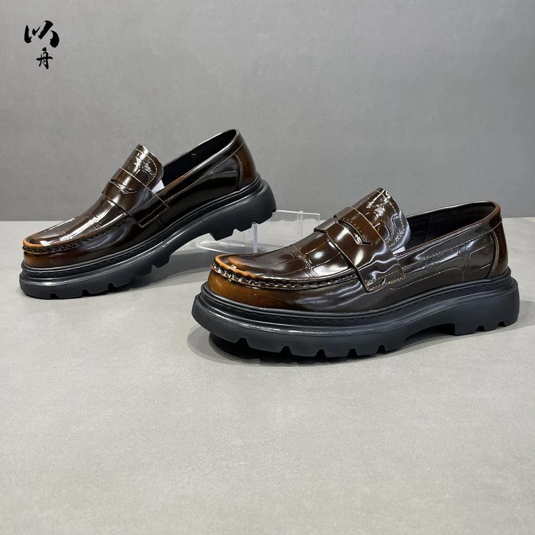 头层牛皮厚底正装皮鞋男款英伦轻便休闲豆豆鞋男士商务一脚蹬皮鞋