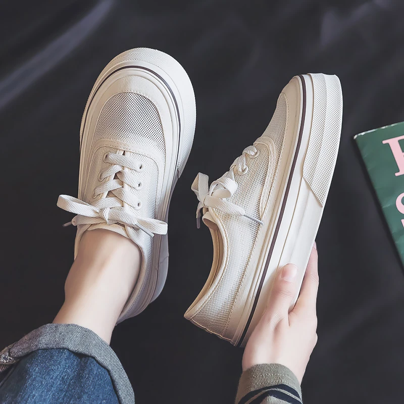 人本小白鞋女增高厚底百搭懒人一脚蹬高级感透气网面网鞋休闲板鞋