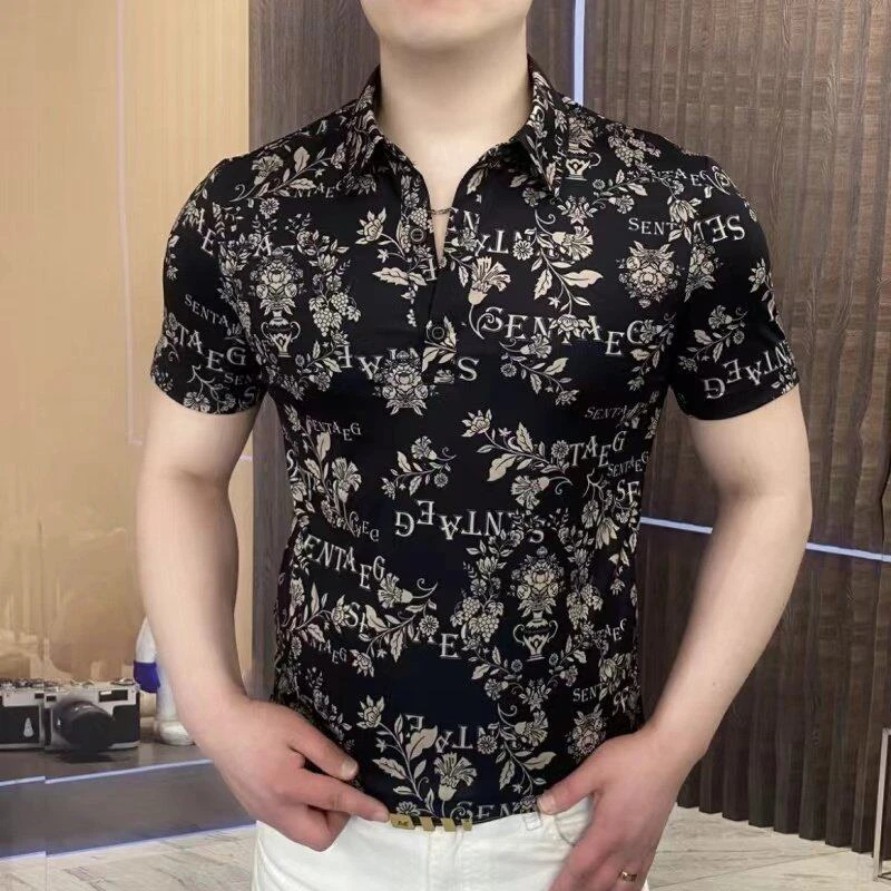 高端男士冰丝短袖T恤欧货新款潮牌休闲时尚印花夏季翻领Polo衫男