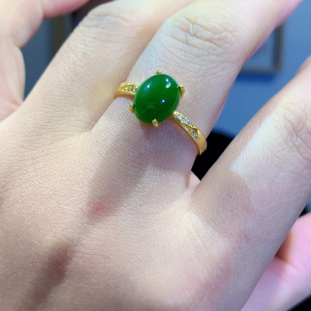和田玉（碧玉）戒指银S925镀金镶嵌