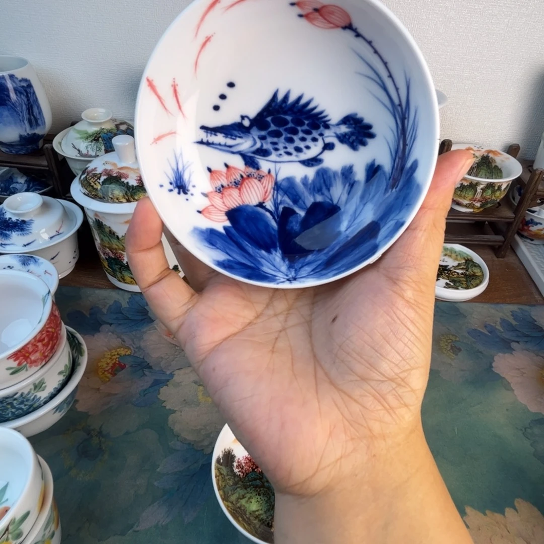 阿***贝忠意堂釉下彩荷花鳜鱼微瑕不退