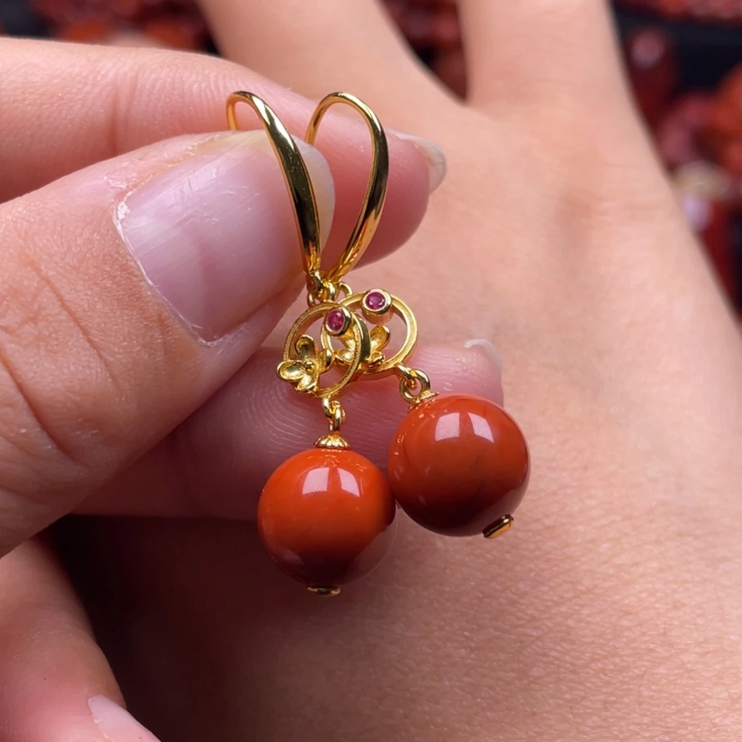 南红玛瑙珠宝奇石银S925镶嵌耳环