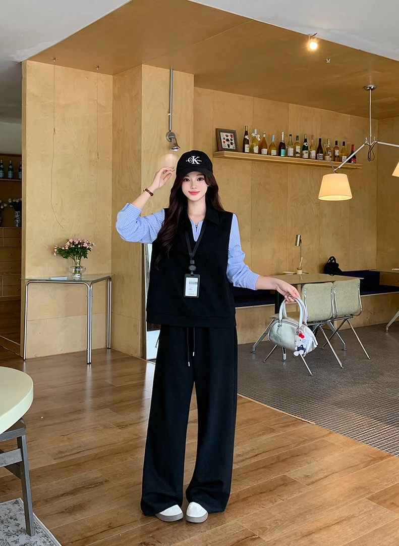 2025秋装新款胖mm大码女休闲假两件针织马甲衬衣阔腿裤套装23099