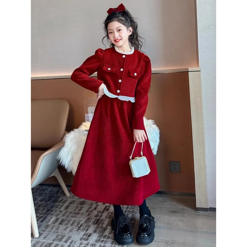 【奥莱折扣】女童秋冬小香风套装2025新款儿童红色冬装外套大童女
