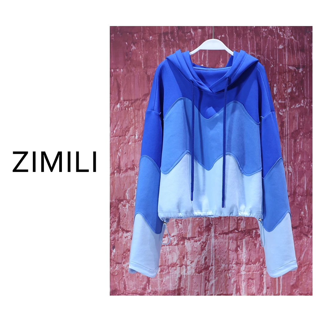 【LIANG哥女装】2025欧版轻薄蓝色海洋海浪撞色拼接连帽卫衣6175