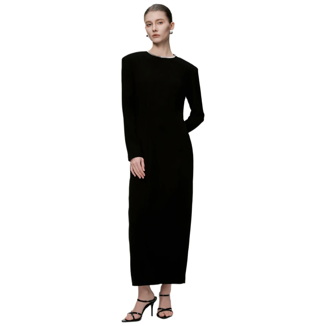 CORA&WYNN松弛感‌镶钻秋冬长黑色连衣裙女款气质长袖长裙显瘦裙子