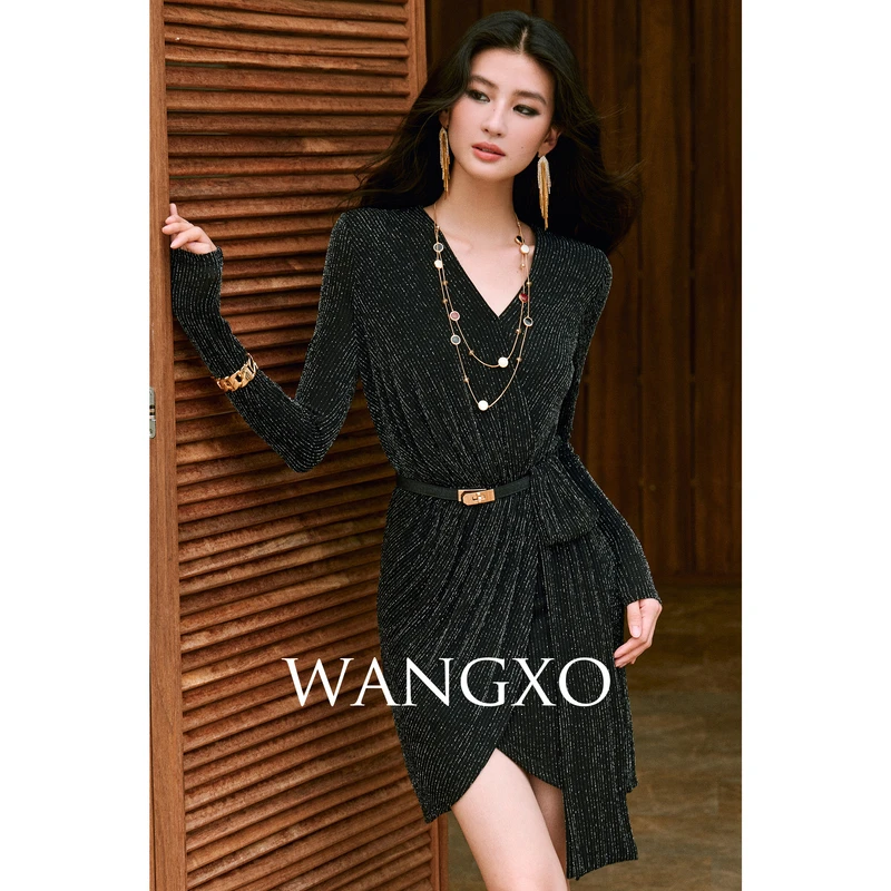 WANGXO 璀璨星河坑条亮丝抽皱连衣裙250871W