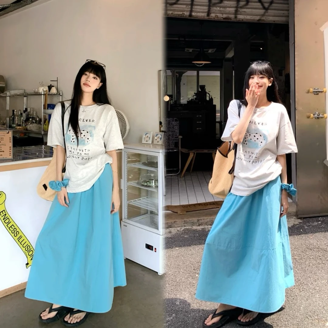 夏季新款松弛感大码斑点狗印花短袖韩系高腰显瘦半身裙套装