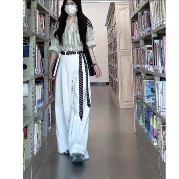 春夏新款百搭慵懒风条纹衬衫腰带搭配长条丝带阔腿长裤两件套装女