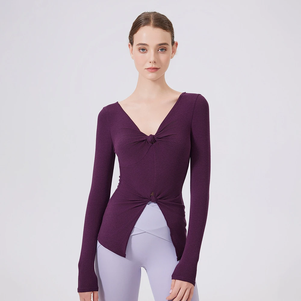 修身双扭结不规则复古纯欲显瘦上衣女外穿健身服跑步瑜伽长袖T恤
