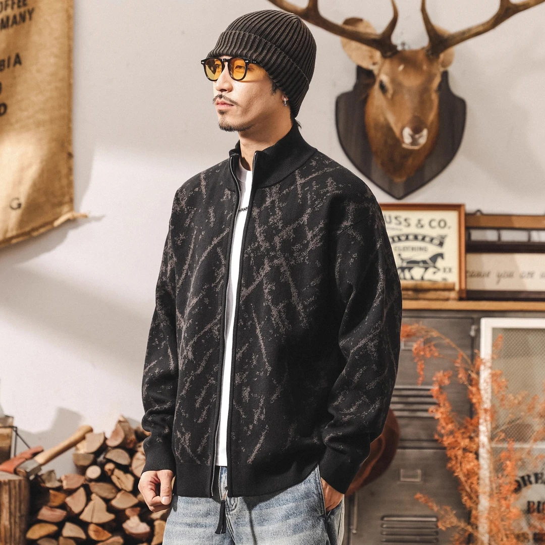 美式复古半高领开衫毛衣男冬季新款加厚男士针织衫宽松保暖外套男