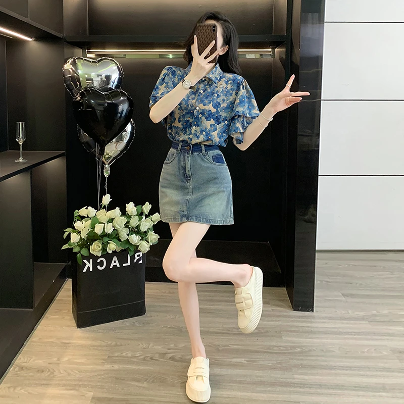 韩版小个子穿搭气质时尚夏季新款女装减龄衬衫短袖高腰短裙薄款潮