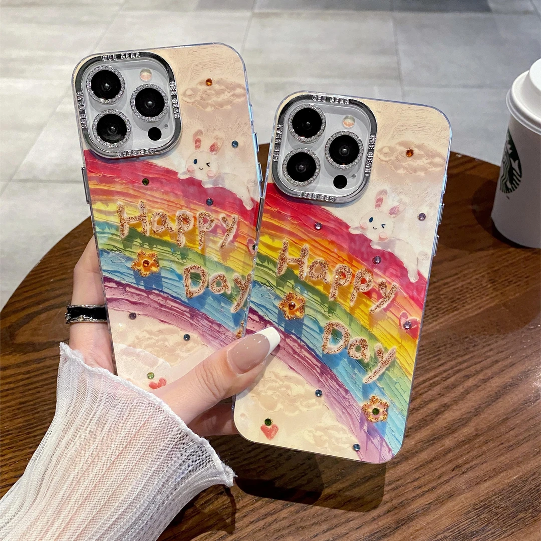 适用苹果系列iPhone15新款手机壳蓝光点钻彩虹兔子闪粉电镀镜头膜