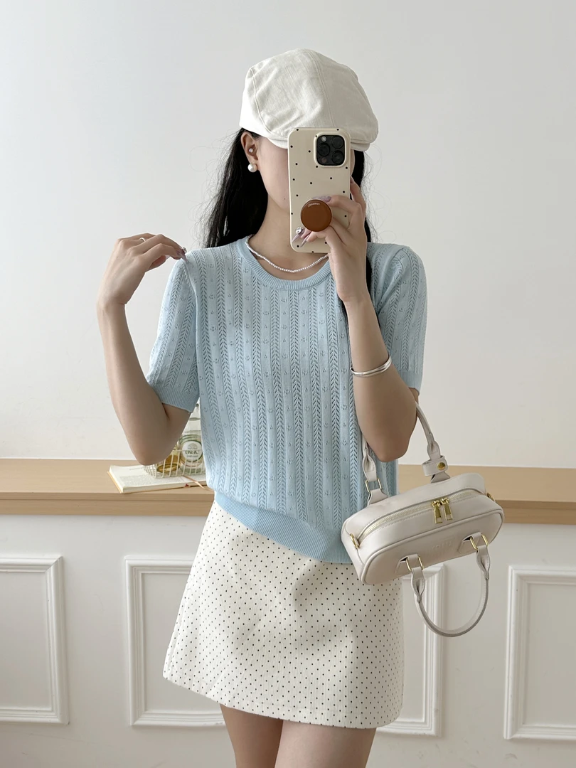 春季小香风显瘦温柔风时尚提花短袖针织衫女ins韩系打底上衣2255