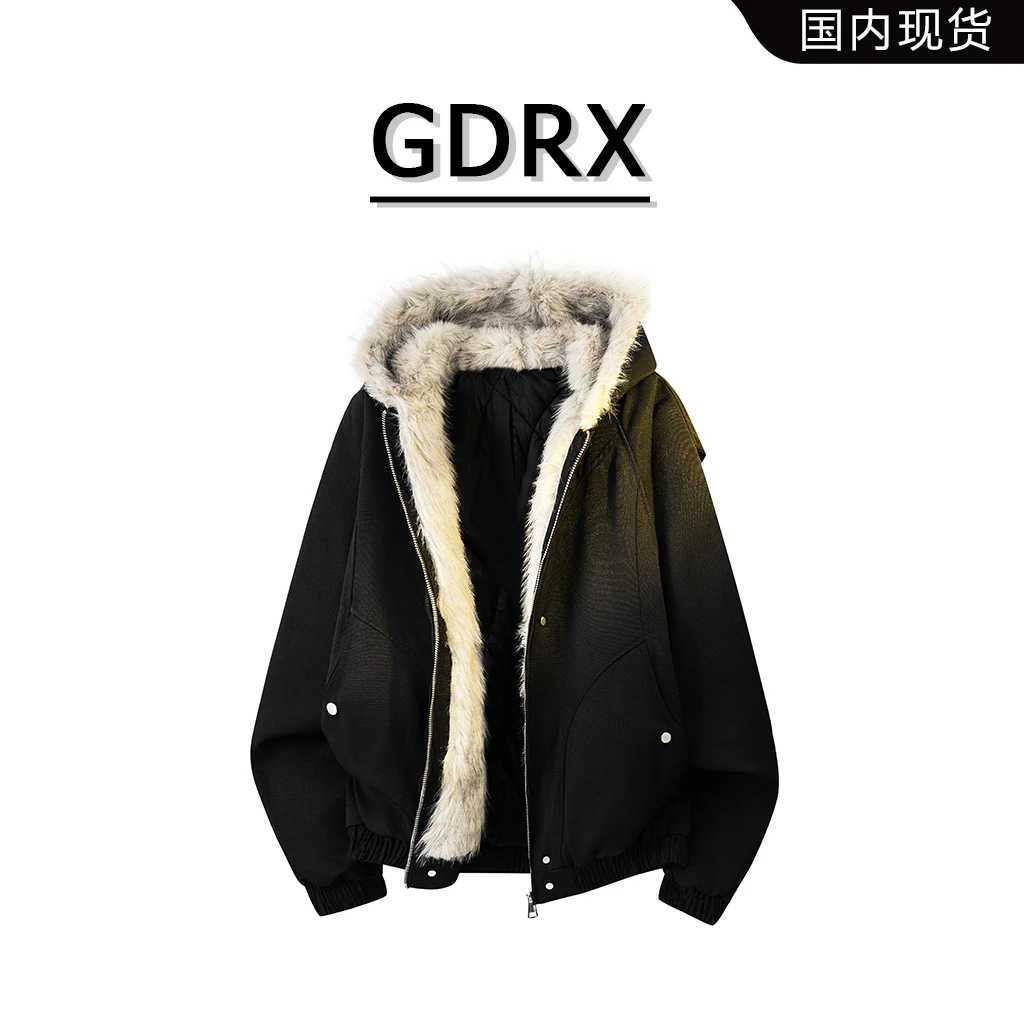 GDRX韩版绒感假两件男款棉衣2025冬季新款个性设计百搭保暖外套