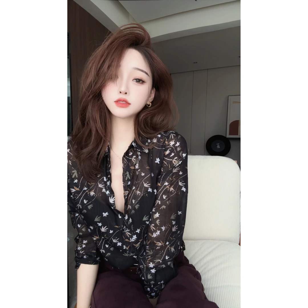 【CHEN】港风气质女人味碎花薄款微透长袖衬衫女24082708