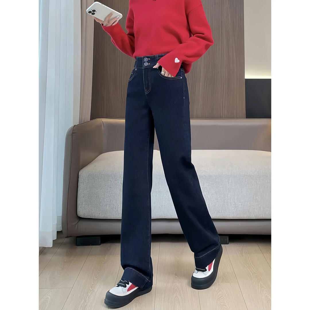 【4881幸运草】秋冬季新款磨毛抓绒丹宁蓝牛仔裤女宽松九分百搭长裤