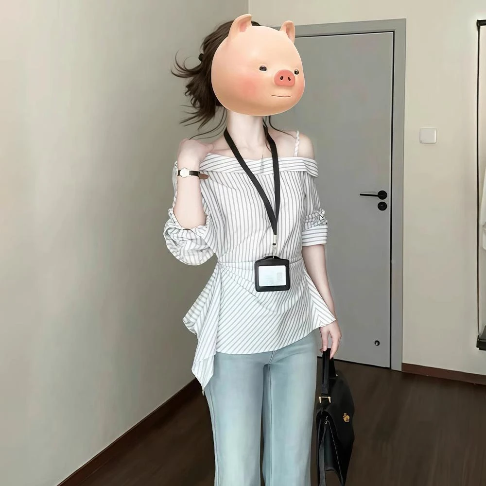 法式设计感撞色条纹露肩衬衫女夏季新款高级小众气质别致绝美小衫