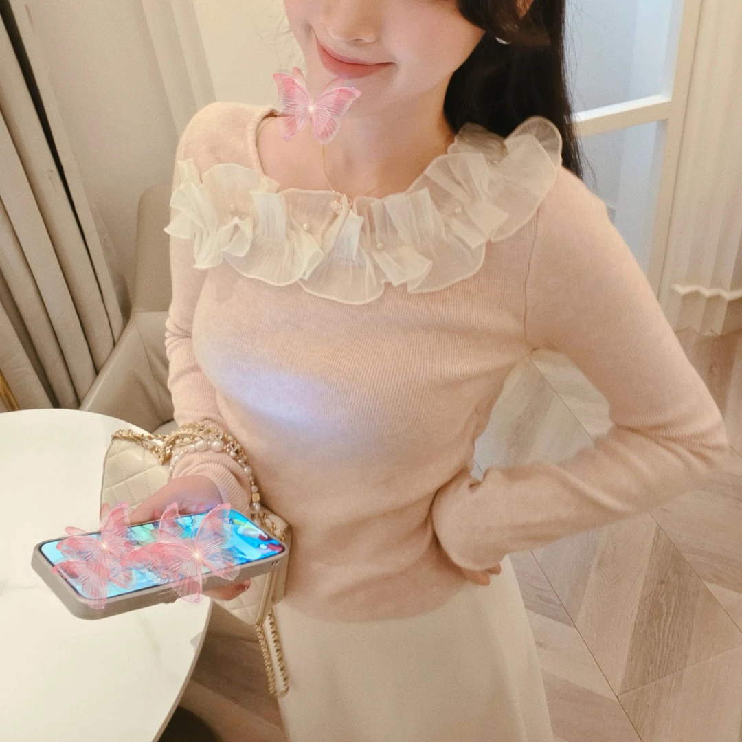 X.MO自制 气质温柔巨好看压花钉珠领边针织衫上衣秋冬打底#1293